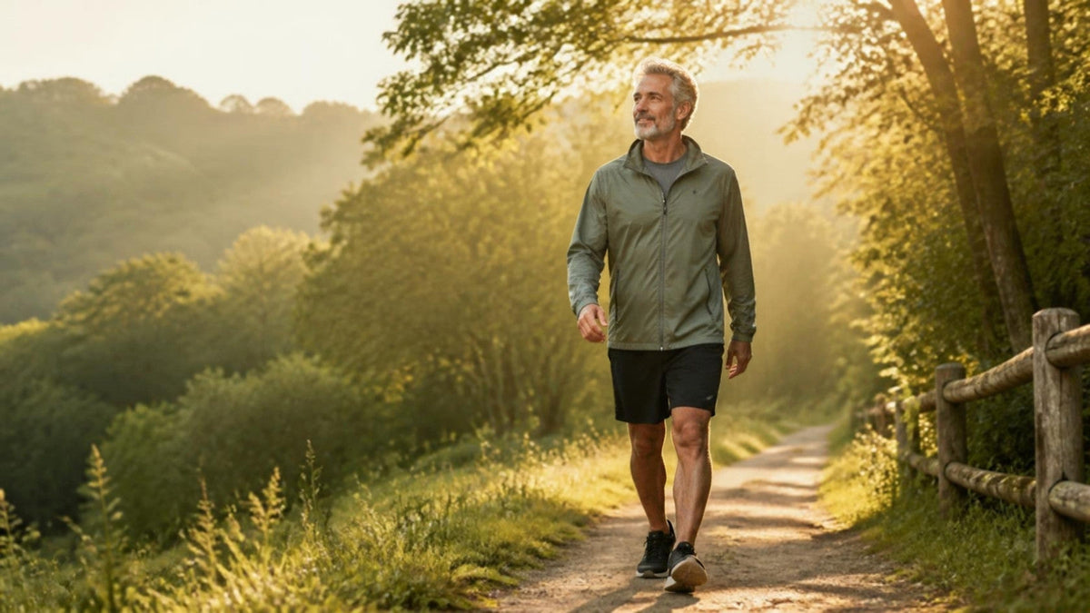 Uomo over 50 energico in camminata all'aperto, simbolo di vitalità e tono muscolare