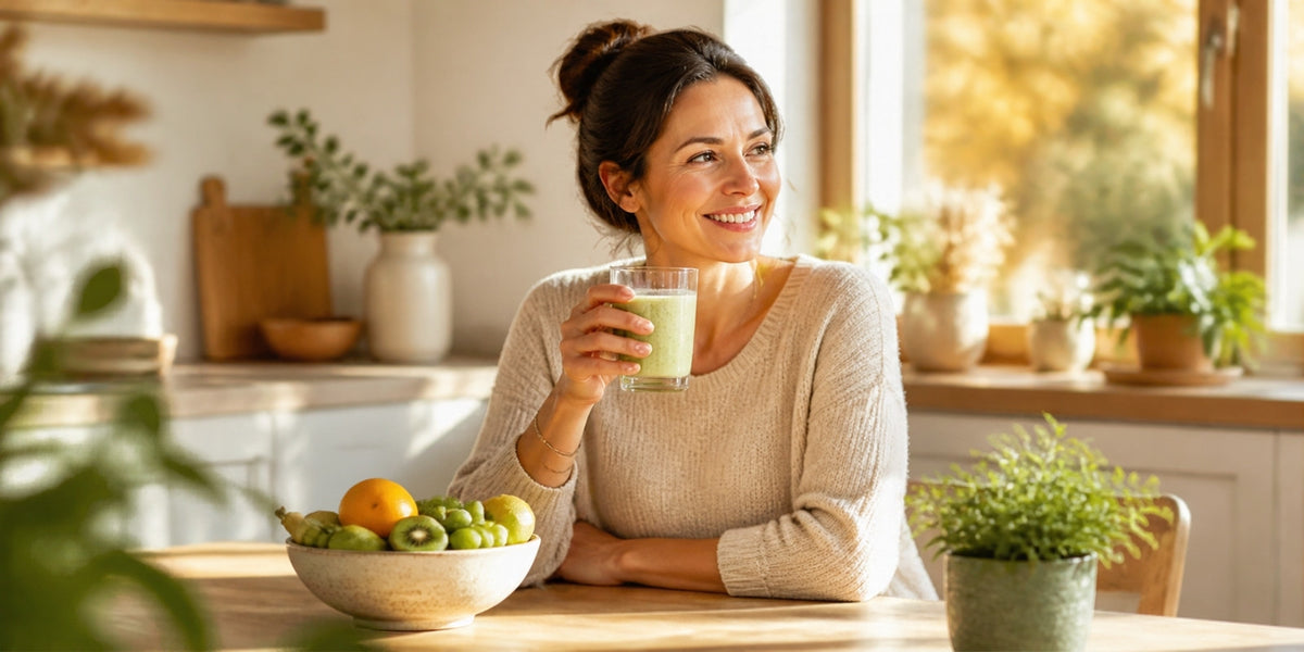 Donna sorride a colazione con frullato verde di spirulina in cucina luminosa d'autunno