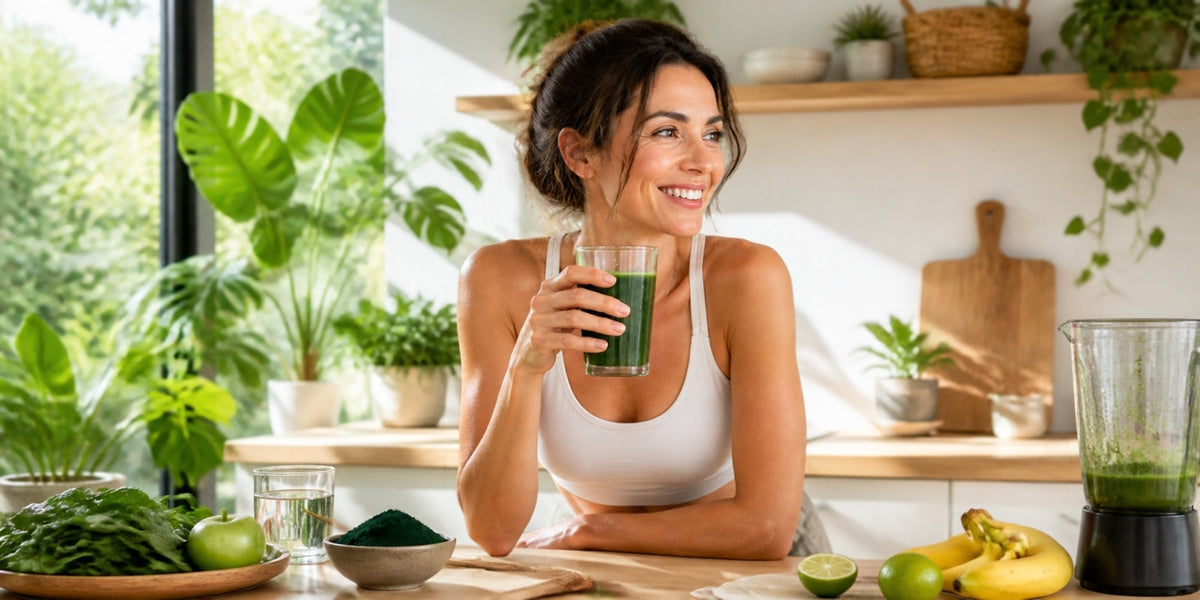 Donna prepara un frullato verde di spirulina in cucina luminosa, simbolo di equilibrio del peso