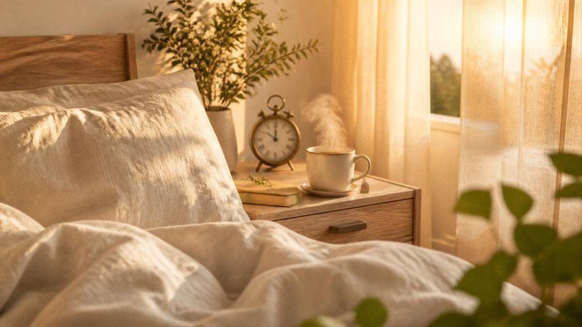 Camera da letto accogliente con luce calda serale, simbolo del riposo durante il cambio dell'ora