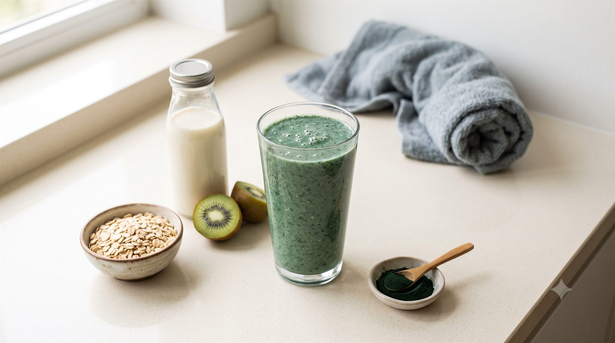Bevanda post allenamento fatta in casa con avena, soia, kiwi e spirulina