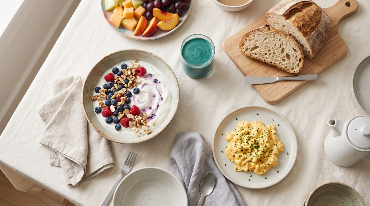 Brunch della domenica equilibrato: yogurt, pane, uova, frutta e bevanda alla spirulina