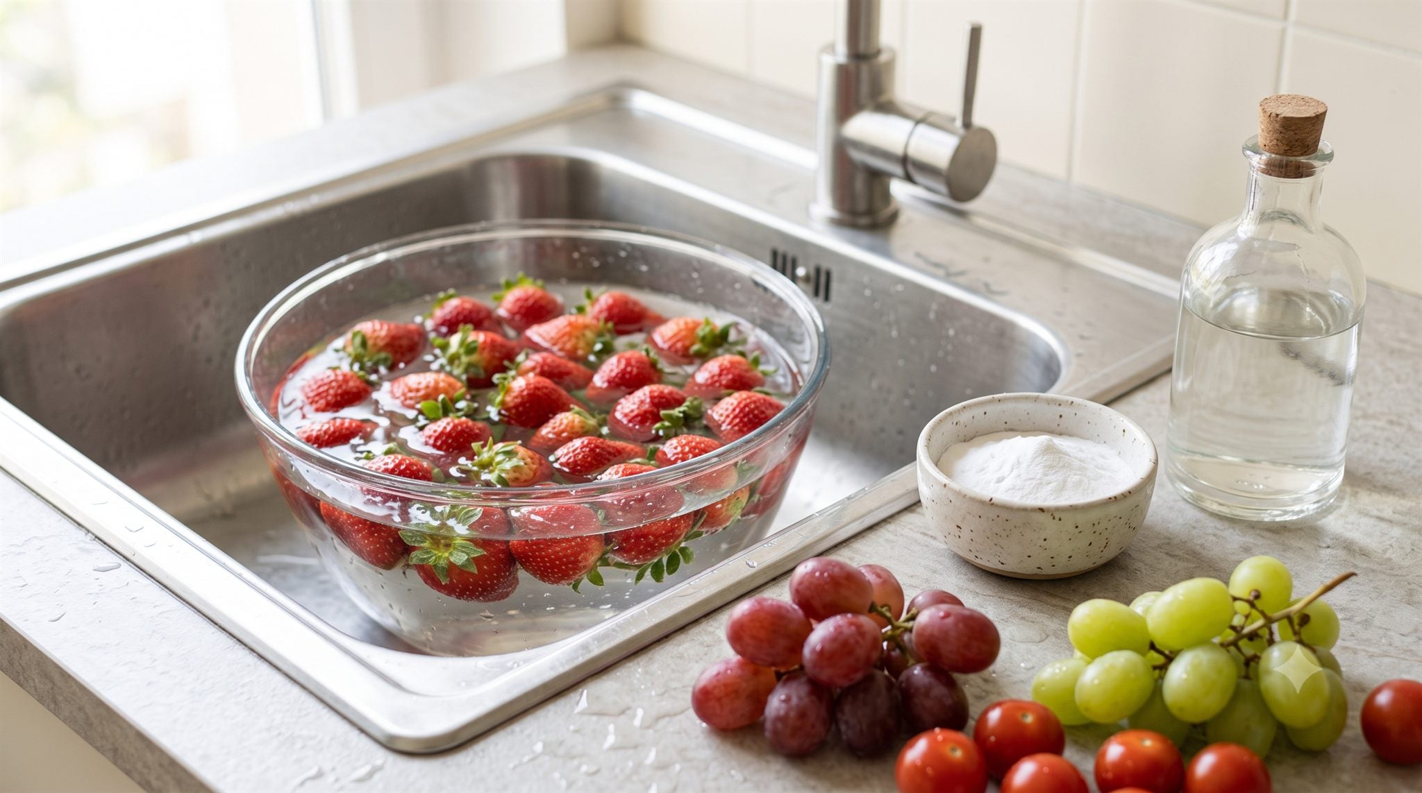 Come lavare frutta e verdura dai pesticidi: fragole in ammollo con bicarbonato e aceto