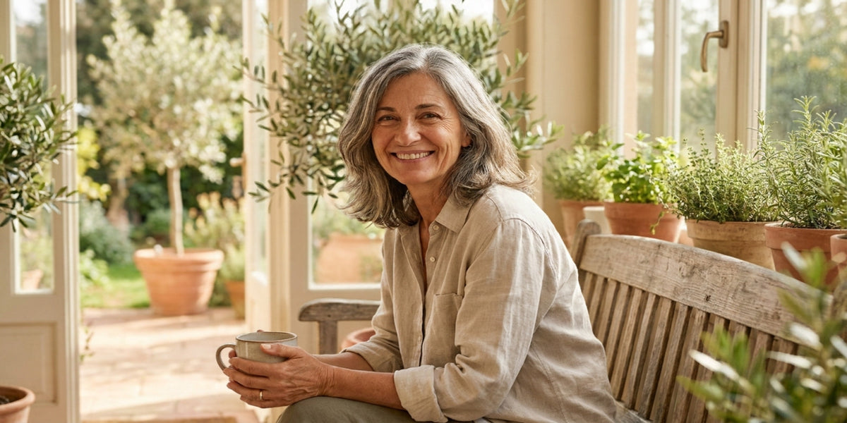 Donna sorridente di circa 55 anni in cucina luminosa, simbolo di benessere in menopausa