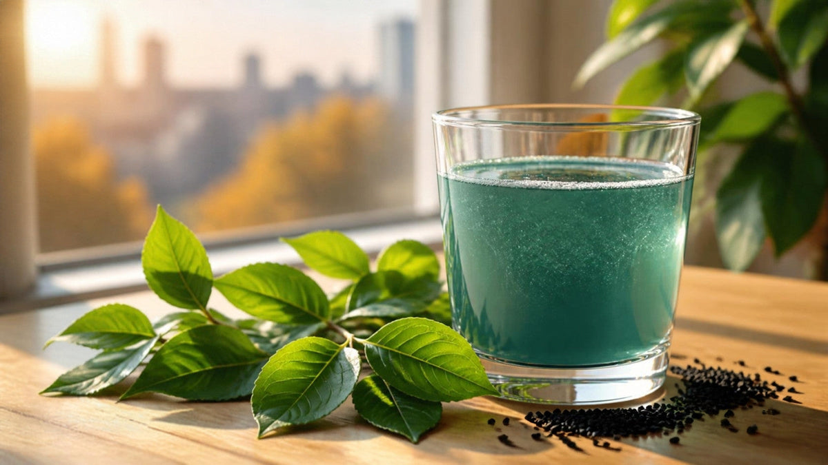 Bicchiere con polvere verde di spirulina e clorella su tavolo in legno, luce naturale autunnale
