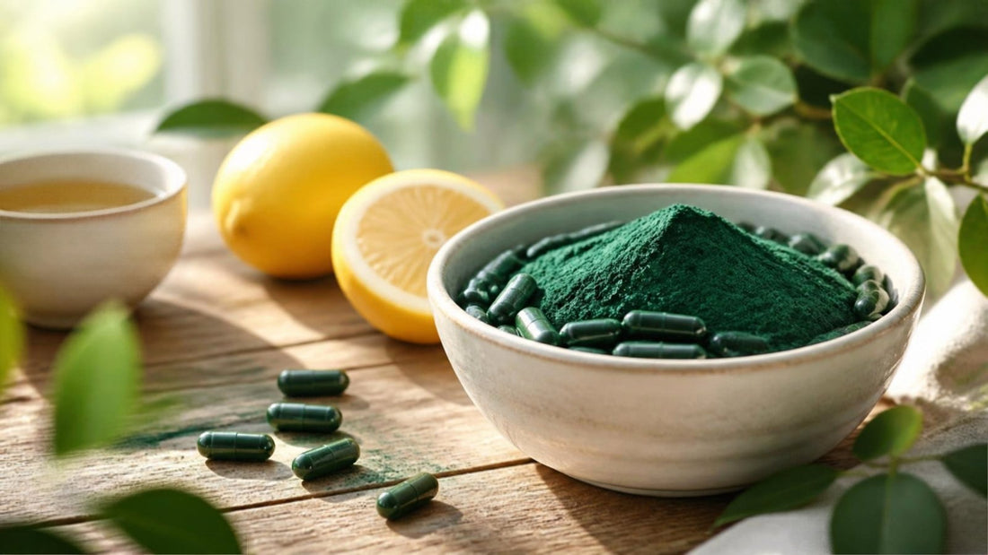 Capsule e polvere di spirulina biologica in una ciotola di ceramica con foglie verdi e limone