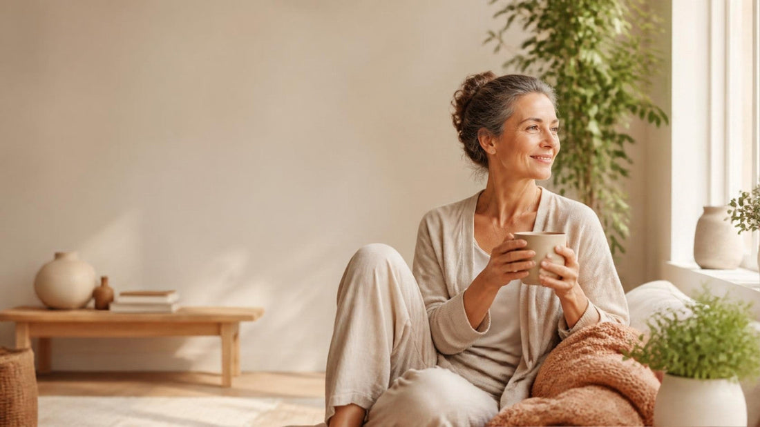 Donna sorridente in abiti comodi beve una tisana vicino alla finestra, luce naturale calda