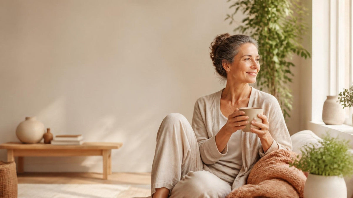 Donna sorridente in abiti comodi beve una tisana vicino alla finestra, luce naturale calda