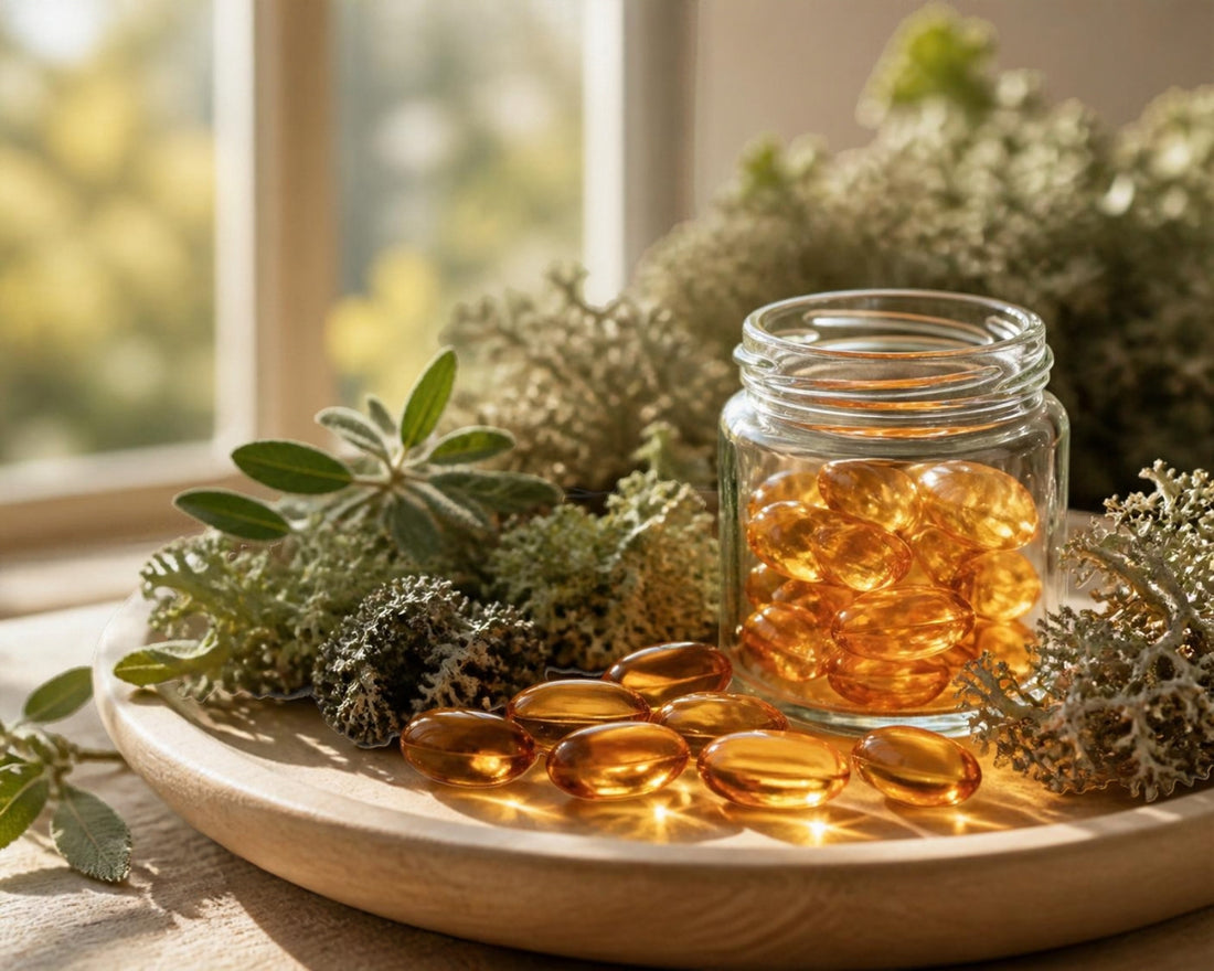 Capsule naturali e licheni su legno chiaro: vitamina D e benessere osseo dopo i 50 anni