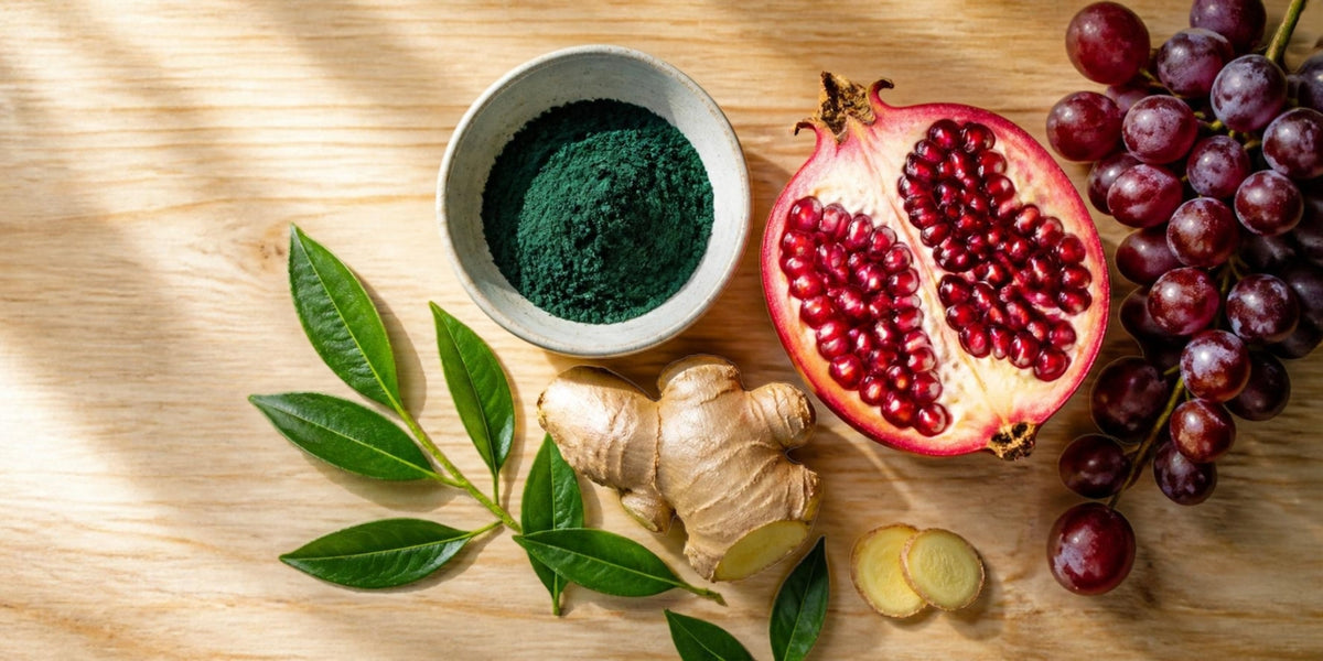 Ingredienti naturali antiossidanti per la spirulina antiage: alga, melograno, zenzero, uva rossa