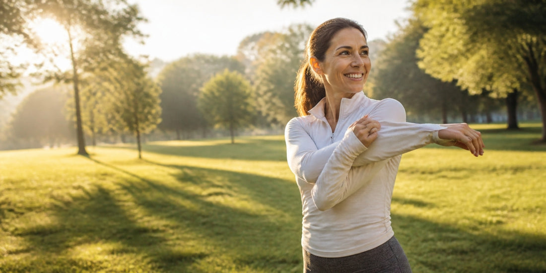 Donna si allena all'aperto al mattino, energia e recupero con la spirulina per lo sport