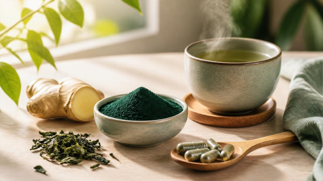 Spirulina, zenzero e tè verde in composizione naturale, simbolo di antiossidanti e benessere