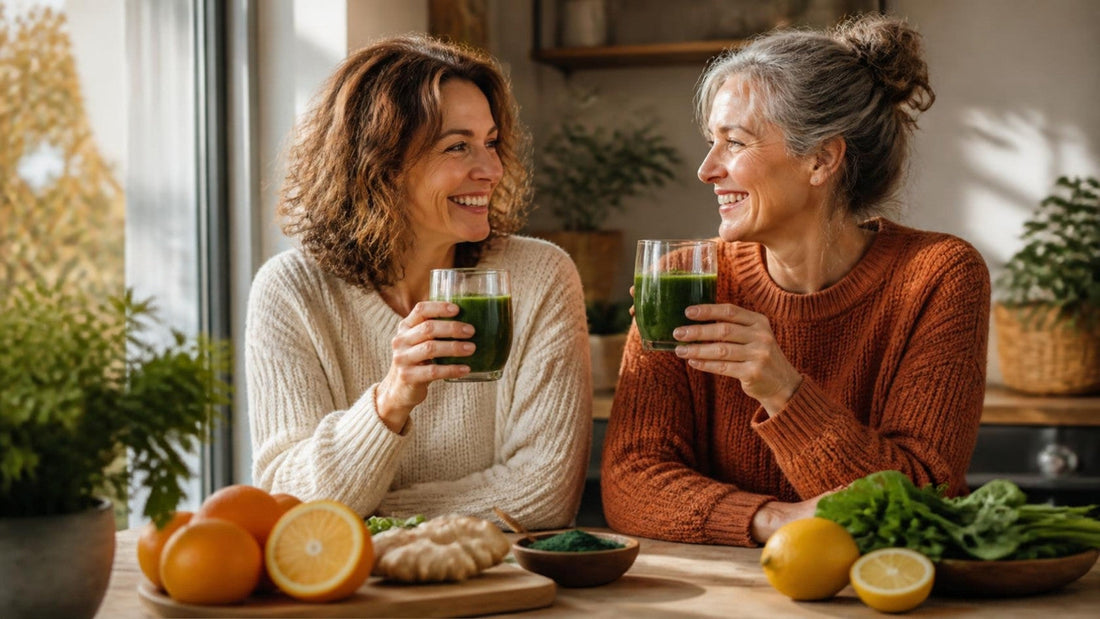 Due donne di mezza età sorridono con un frullato di spirulina in autunno