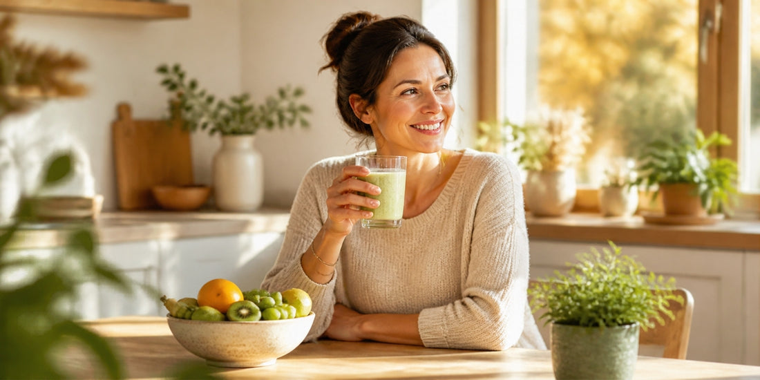 Donna sorride a colazione con frullato verde di spirulina in cucina luminosa d'autunno