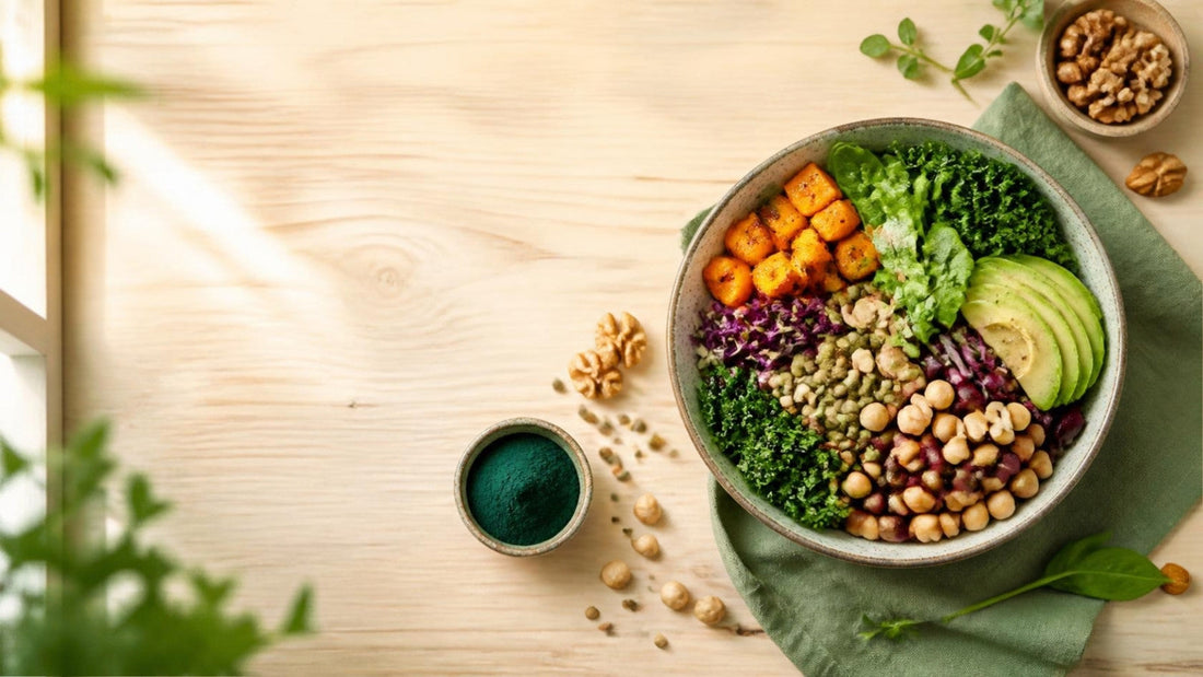 Piatto vegetariano con legumi, verdure fresche e spirulina in polvere su tavolo di legno