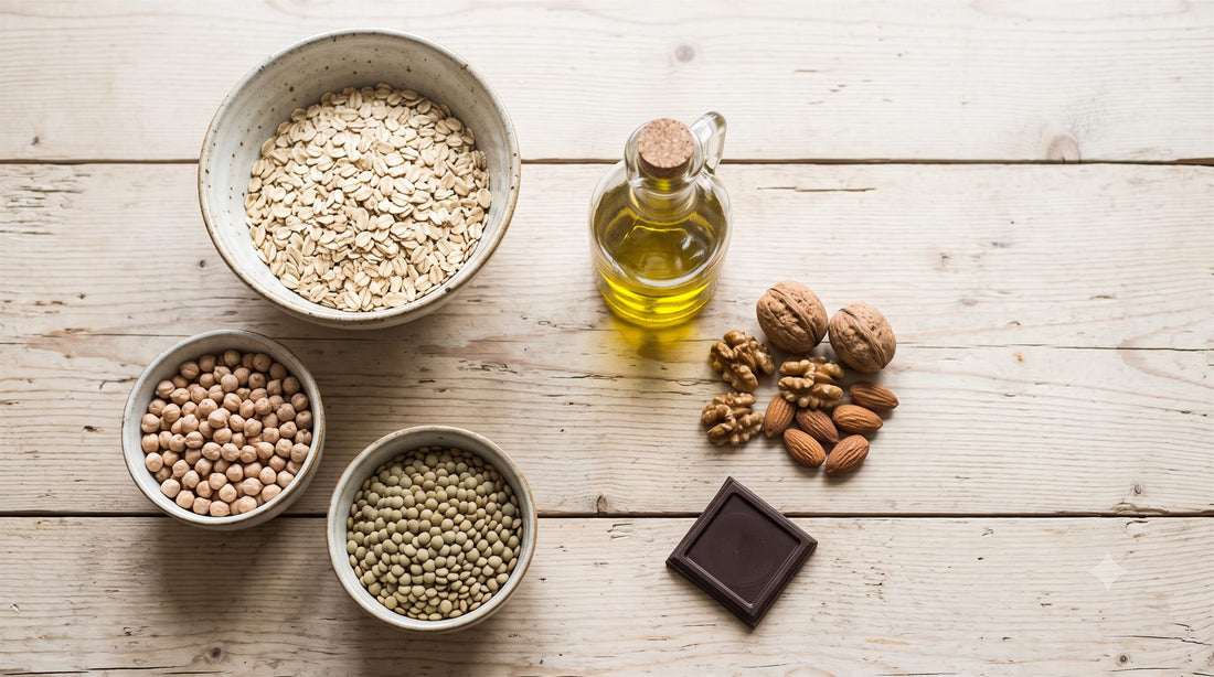 Colesterolo e alimentazione: avena, legumi, frutta secca e olio extravergine sul tavolo