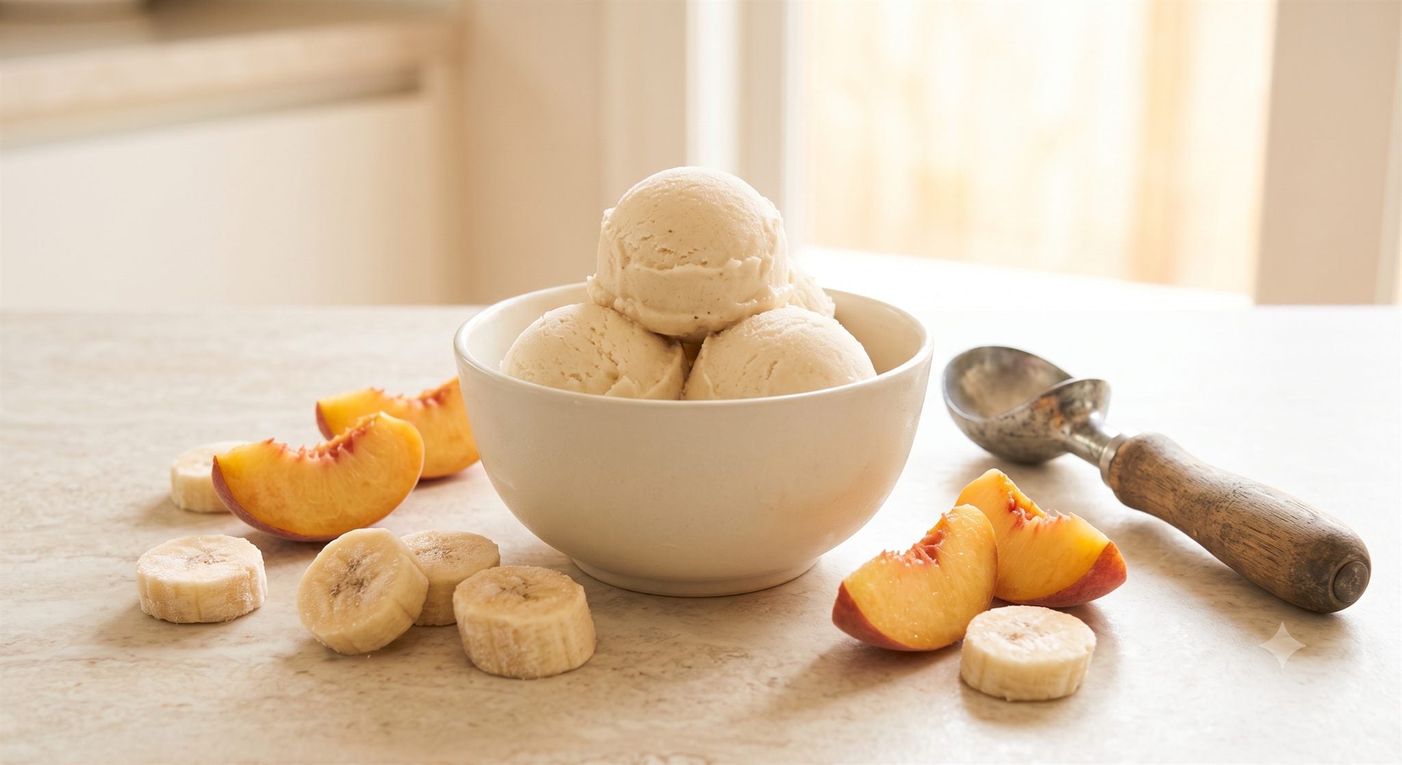 Gelato di frutta senza gelatiera: palline cremose di banana e pesca congelate